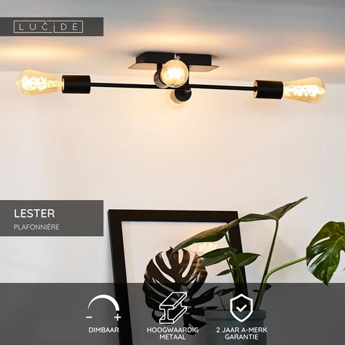 Lucide LESTER - Plafonnière - 4xE27 - Zwart - USP